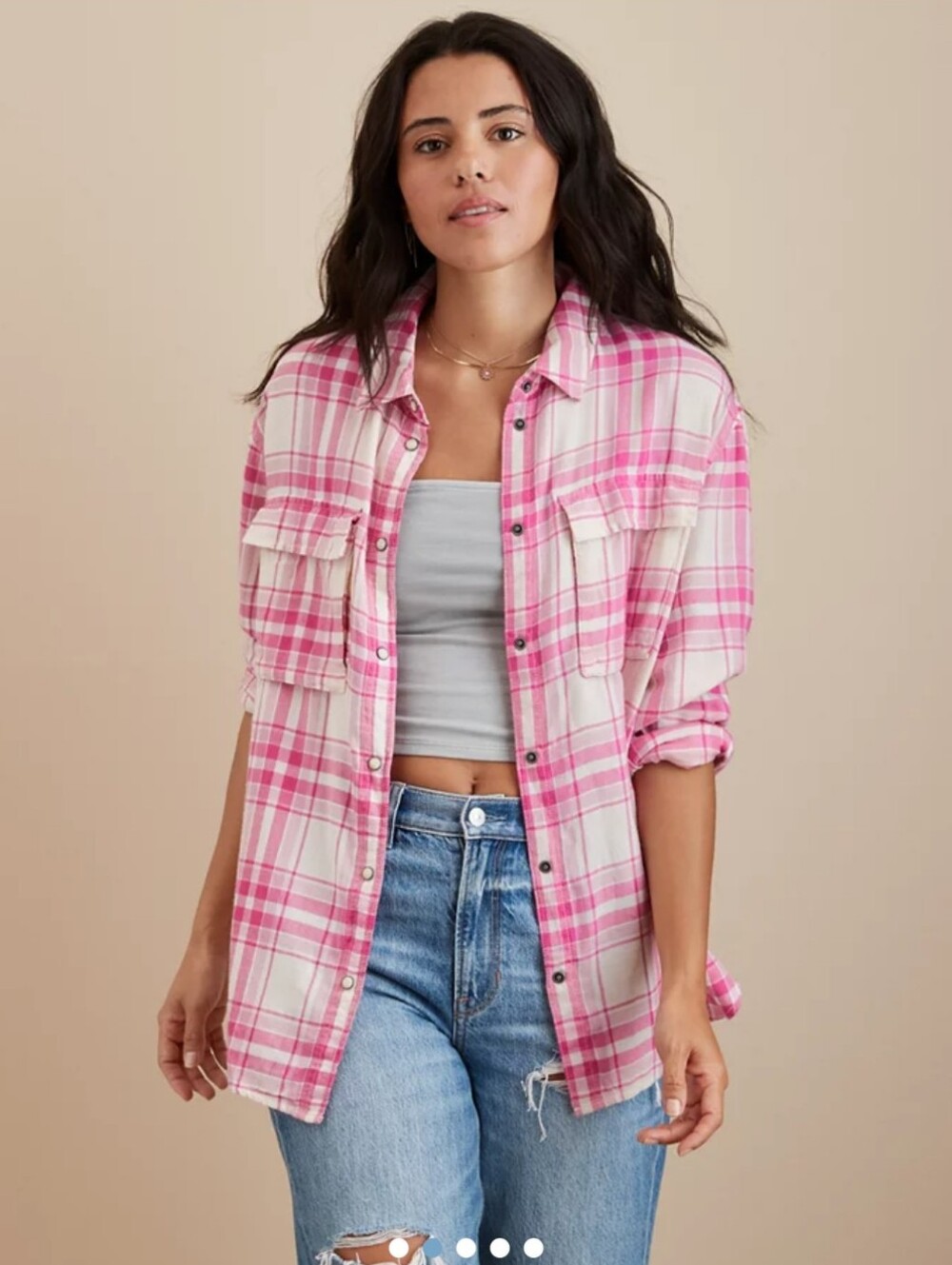 American Eagle Outfitters Pink and White Plaid Button-Down Shirt